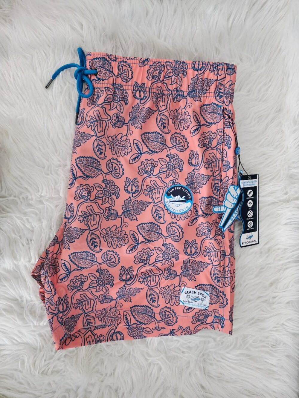 NWT Beach Bros Men's Swim Trunks w/Pockets Leafy Floral Tangerine Size XL